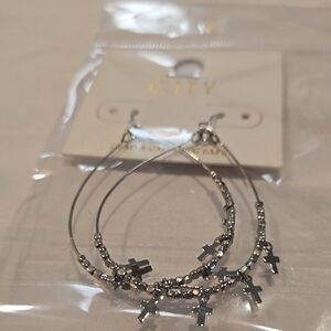 Silver Hoop Earrings with Cross Charms